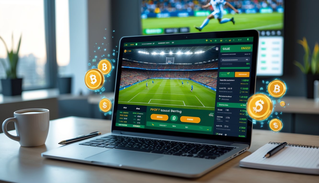 Seorang pria duduk di depan laptop dengan layar menampilkan situs taruhan bola online, di meja terdapat ponsel, cangkir kopi, dan televisi yang menayangkan pertandingan sepak bola.