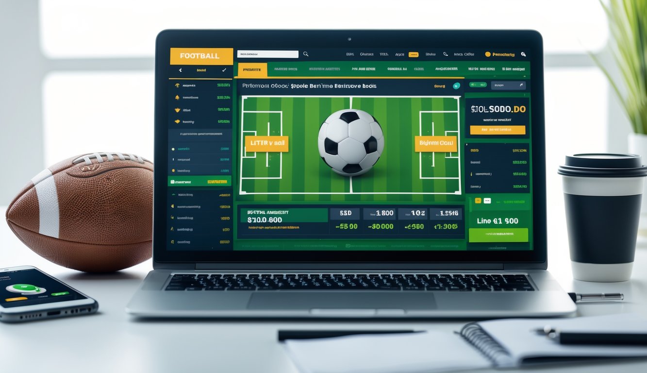 Seorang pria menggunakan laptop di meja dengan bola sepak di samping, menampilkan suasana kerja terkait taruhan bola online.