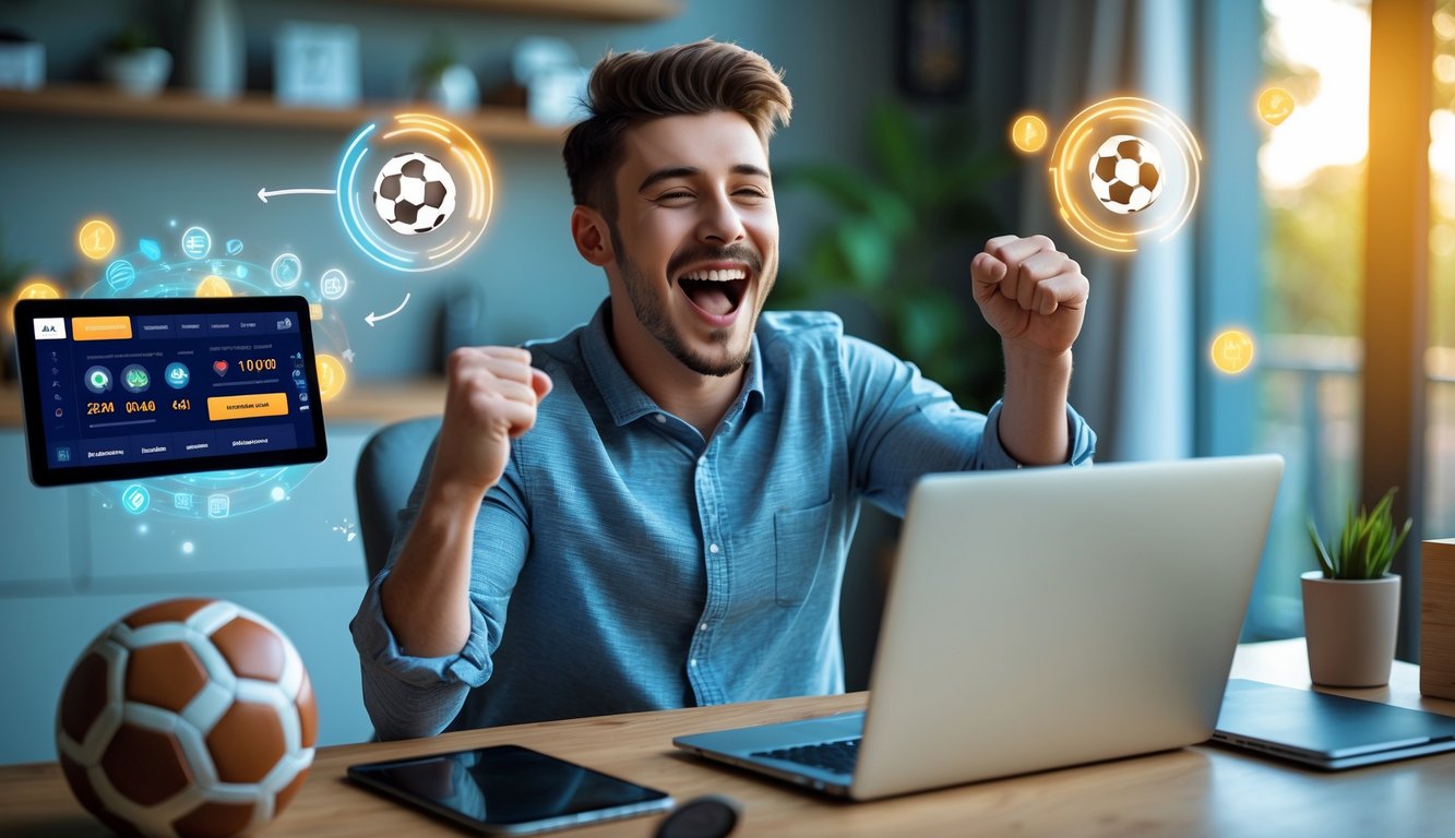 Seorang pria muda yang bersemangat merayakan kemenangan sepak bola sambil menggunakan laptop di meja kerja modern di rumah.