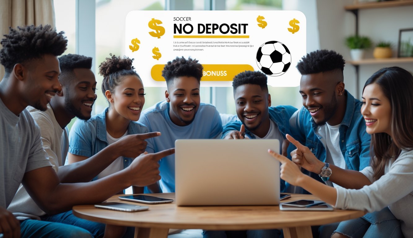 Sekelompok orang muda sedang menggunakan laptop dan ponsel untuk taruhan sepak bola online di ruang tamu yang nyaman.