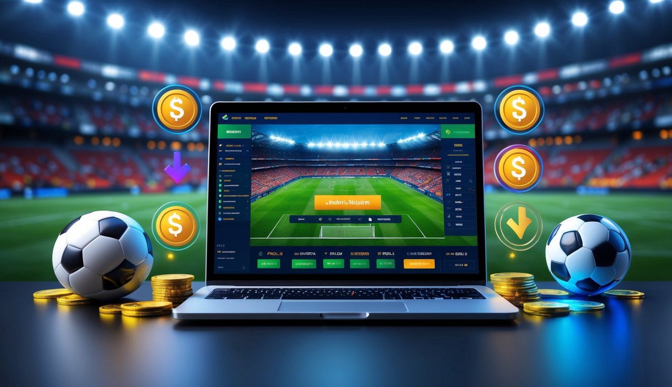 Seorang pria menggunakan laptop dengan layar menampilkan antarmuka taruhan sepak bola, di meja terdapat bola sepak dan koin digital, latar belakang stadion sepak bola dengan penonton ramai.
