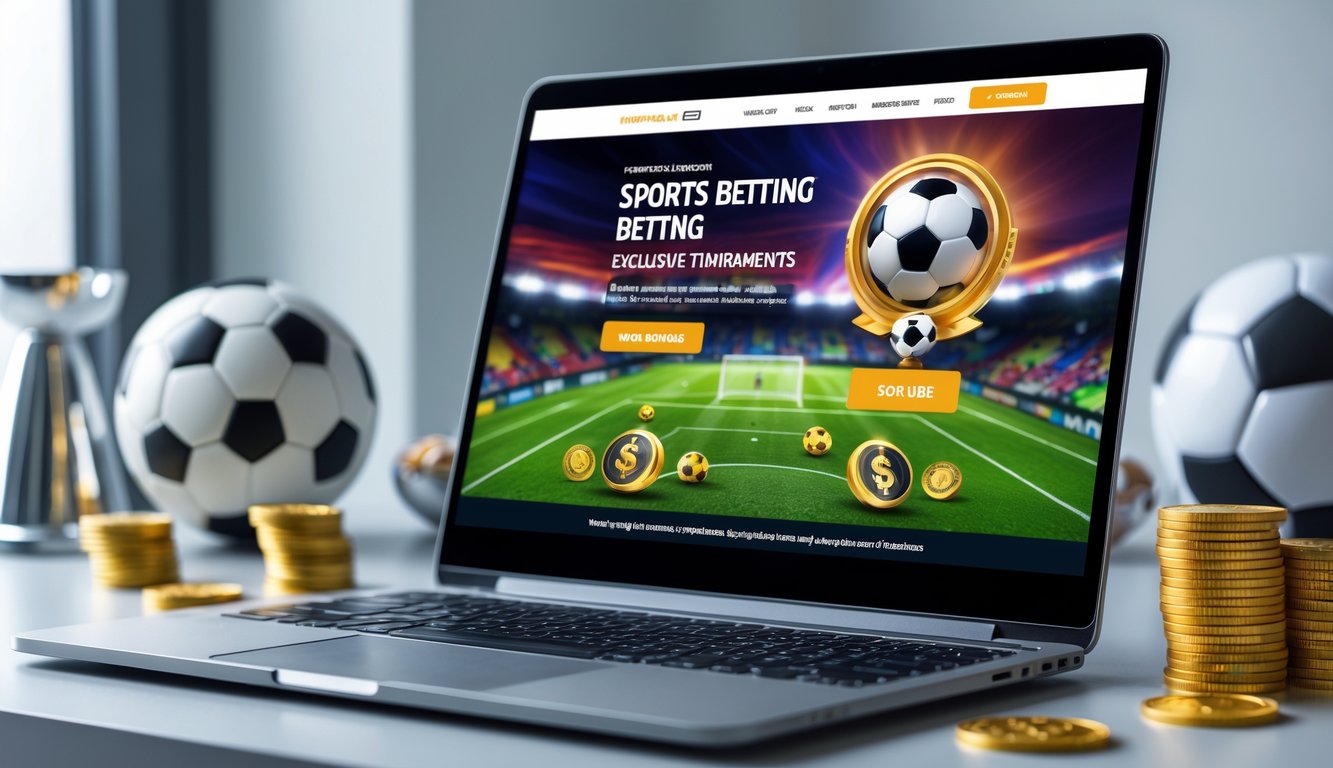 Seorang pengguna di depan komputer dengan tampilan situs taruhan bola online yang menampilkan elemen bonus dan turnamen, dikelilingi oleh simbol sepak bola dan hadiah.