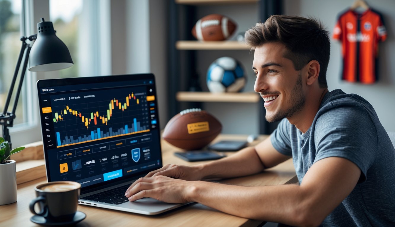 Seorang pria muda duduk di depan laptop di ruang kerja rumah dengan dekorasi sepak bola, tersenyum saat melihat layar komputer.