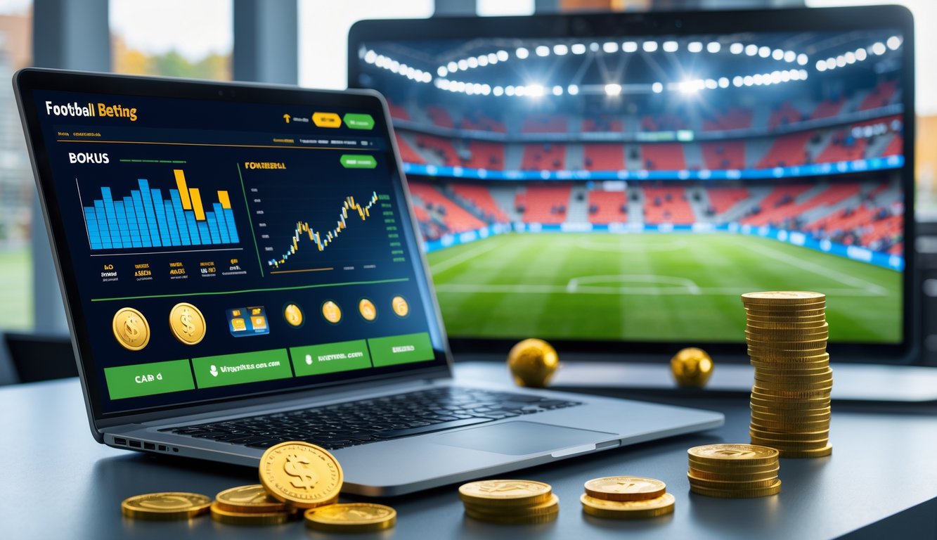 Seorang pria menggunakan laptop di meja kerja dengan layar menampilkan situs taruhan sepak bola, di latar belakang terlihat stadion sepak bola penuh penonton dan lampu terang.