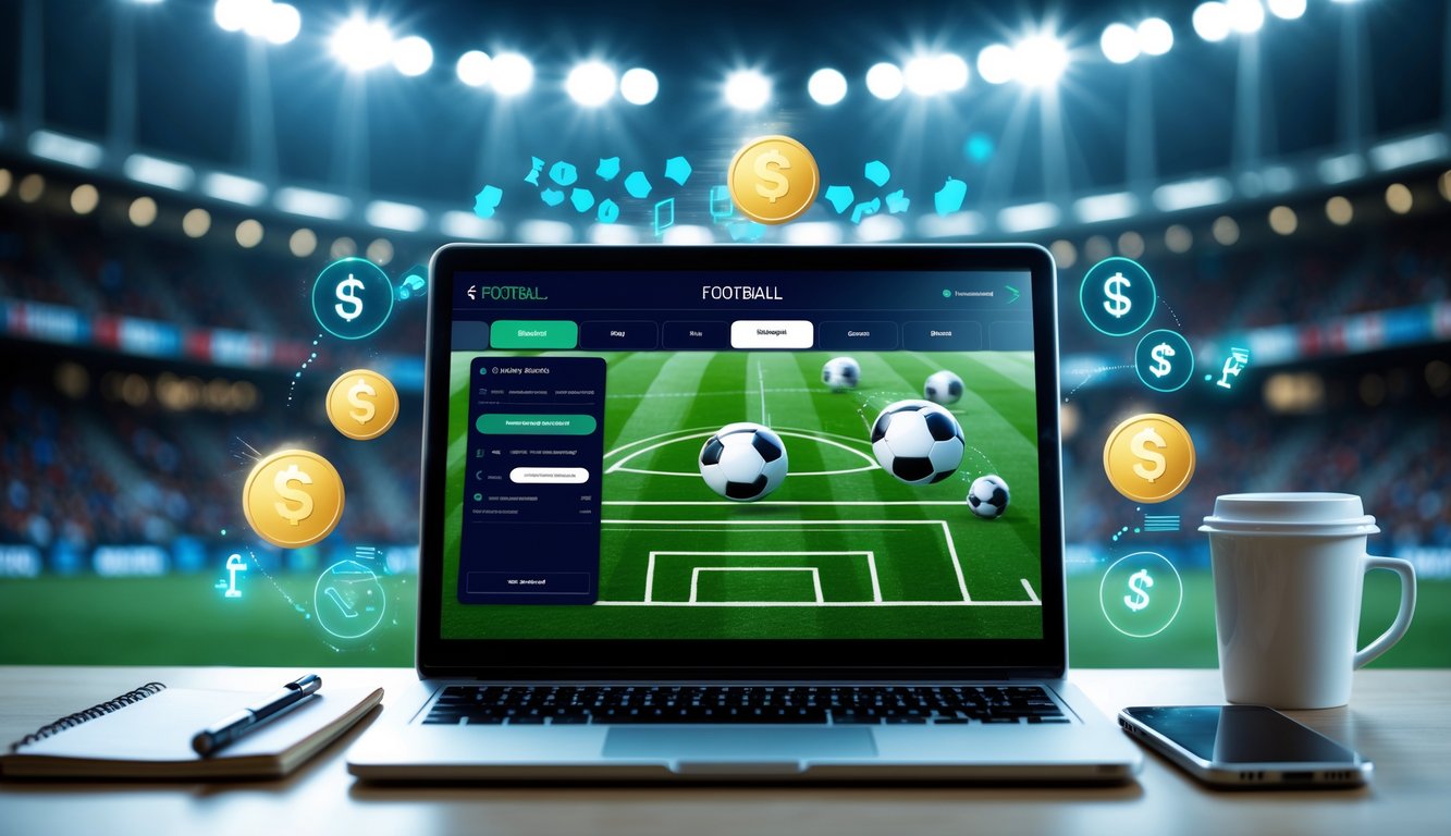 Meja kerja dengan laptop menampilkan situs taruhan sepak bola online, dikelilingi oleh ikon bonus dan cashback, dengan latar belakang stadion sepak bola yang terang dan ramai.