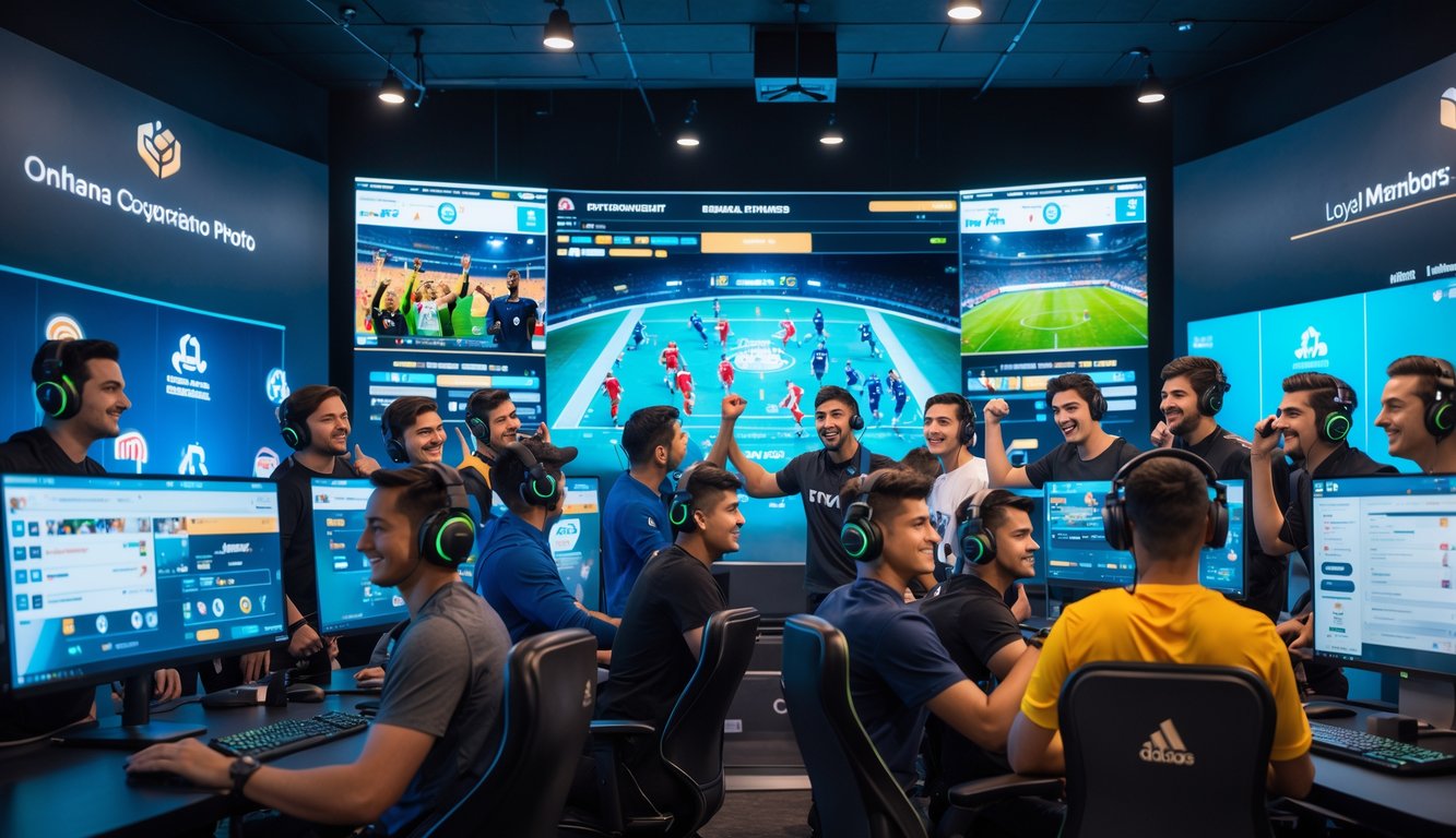 Sekelompok orang muda sedang bermain turnamen sepak bola online di ruang gaming modern dengan komputer dan layar besar.