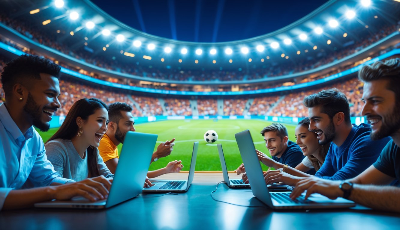 Sekelompok orang antusias menggunakan laptop dan ponsel dengan latar belakang stadion sepak bola yang ramai dan terang benderang.