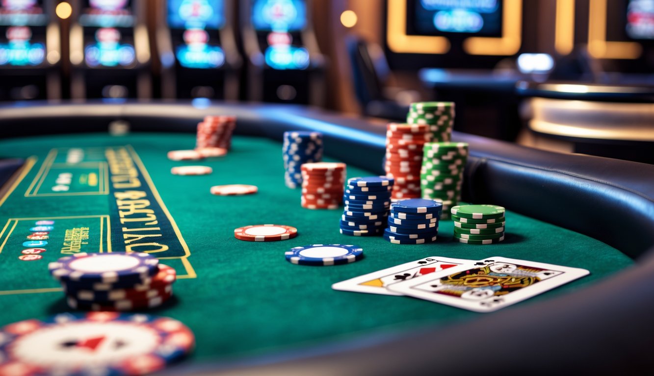 Meja poker dengan chip warna-warni dan kartu di kasino modern yang terang dan menarik.