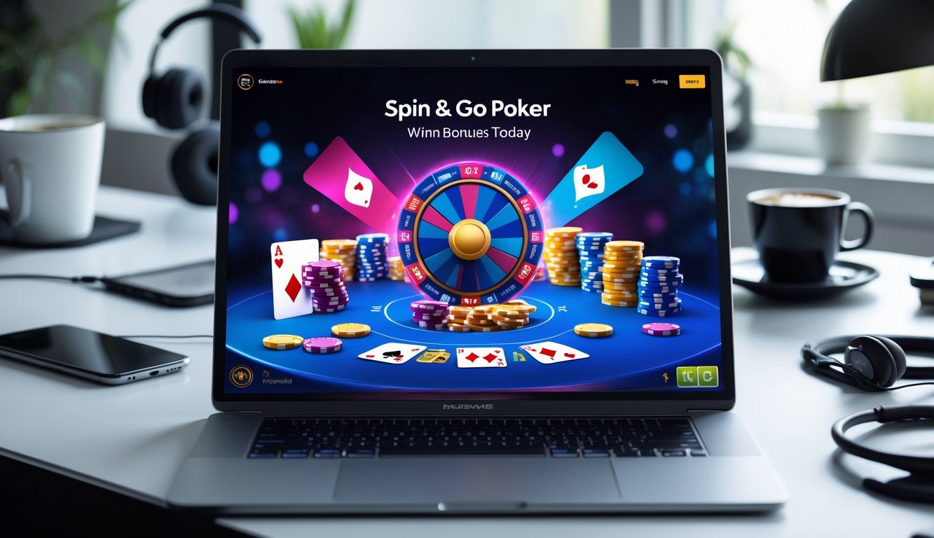 Seseorang bermain poker online Spin & Go di laptop dengan chip poker dan kartu di layar, di meja kerja yang rapi.