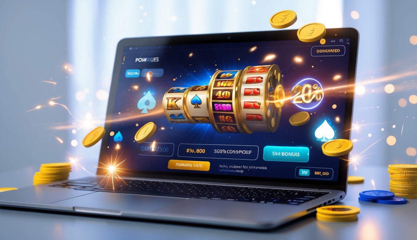 Seorang pemain poker online menggunakan komputer dengan tampilan permainan poker dan chip di sekitarnya.