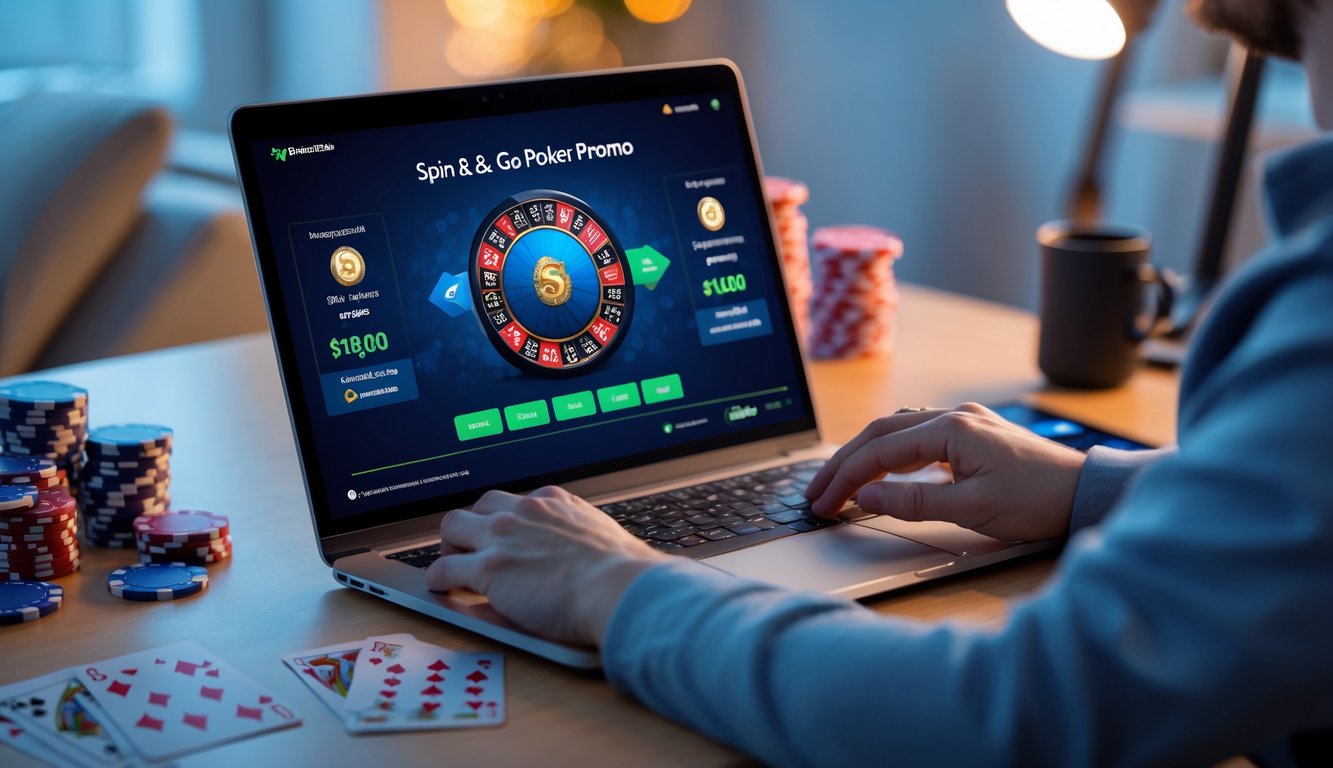 Seseorang menggunakan laptop dengan tampilan permainan poker dan roda putar digital, dikelilingi oleh chip poker dan kartu bermain di meja kerja.