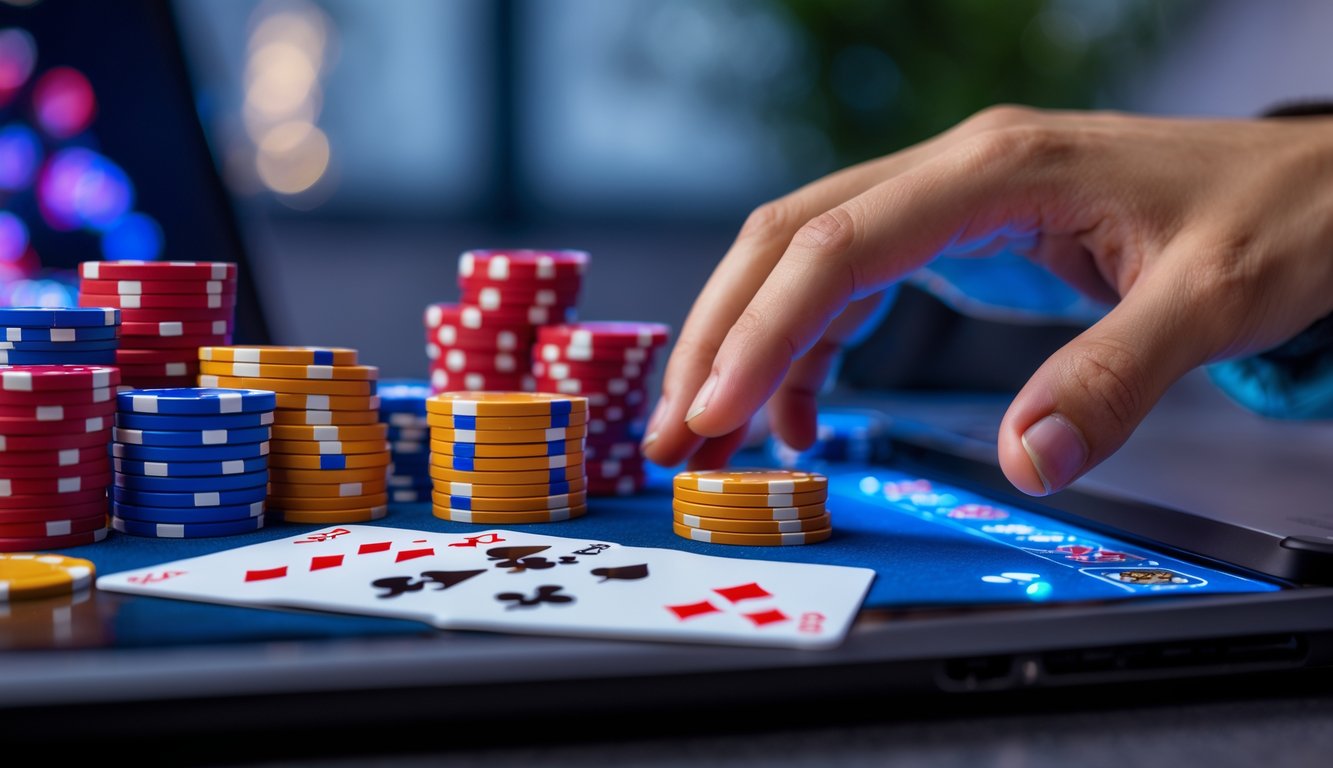 Sebuah meja poker digital di layar komputer dengan tumpukan chip poker dan kartu yang terbuka, tangan sedang meraih chip, latar belakang ruangan dengan pencahayaan lembut.