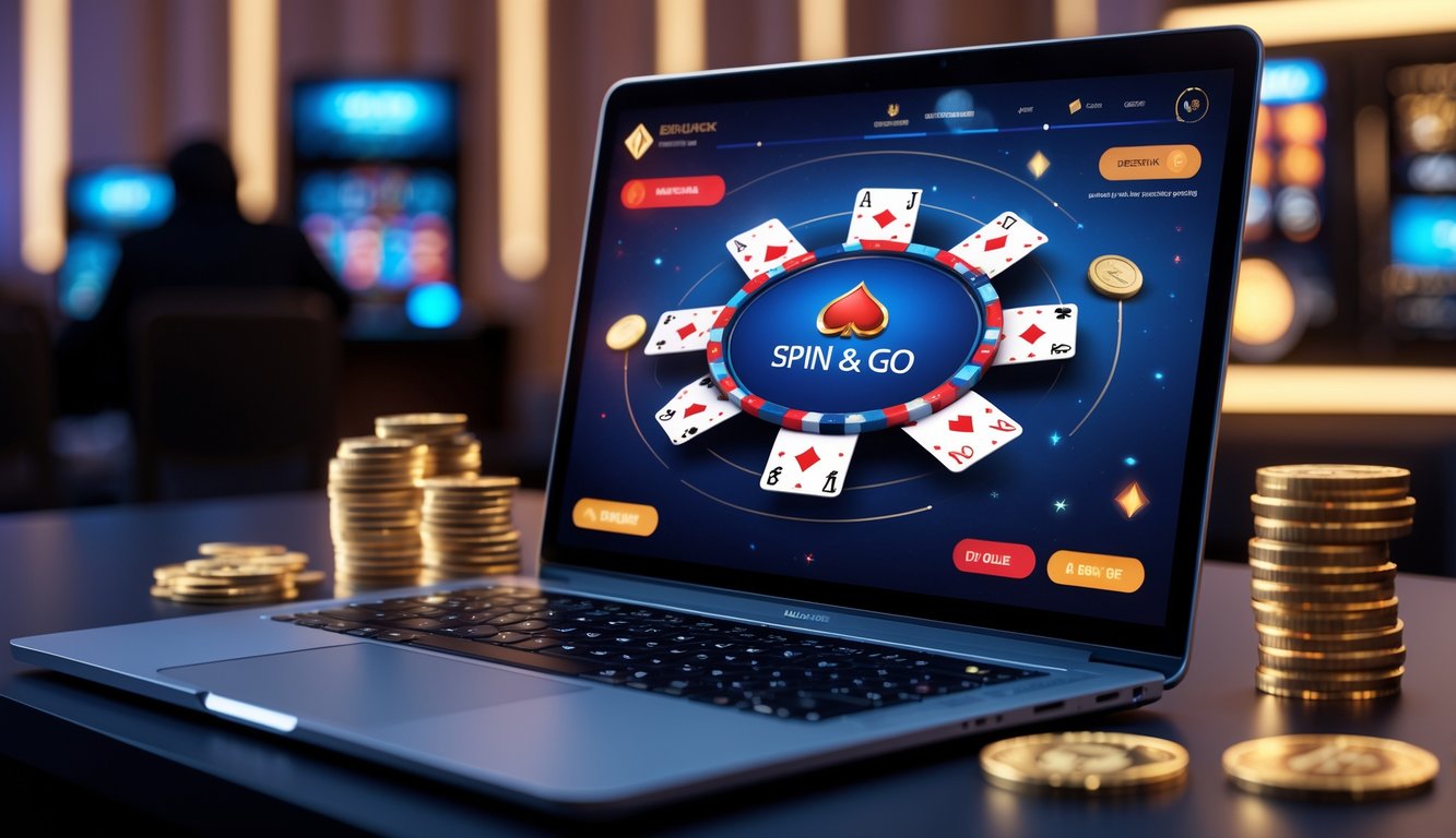 Seorang pemain poker online menggunakan komputer dengan tampilan permainan poker dan chip yang berputar di layar.