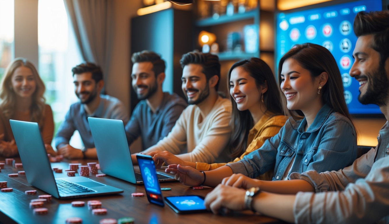 Sekelompok orang sedang bermain poker online dengan laptop dan ponsel di ruangan yang nyaman dan terang.