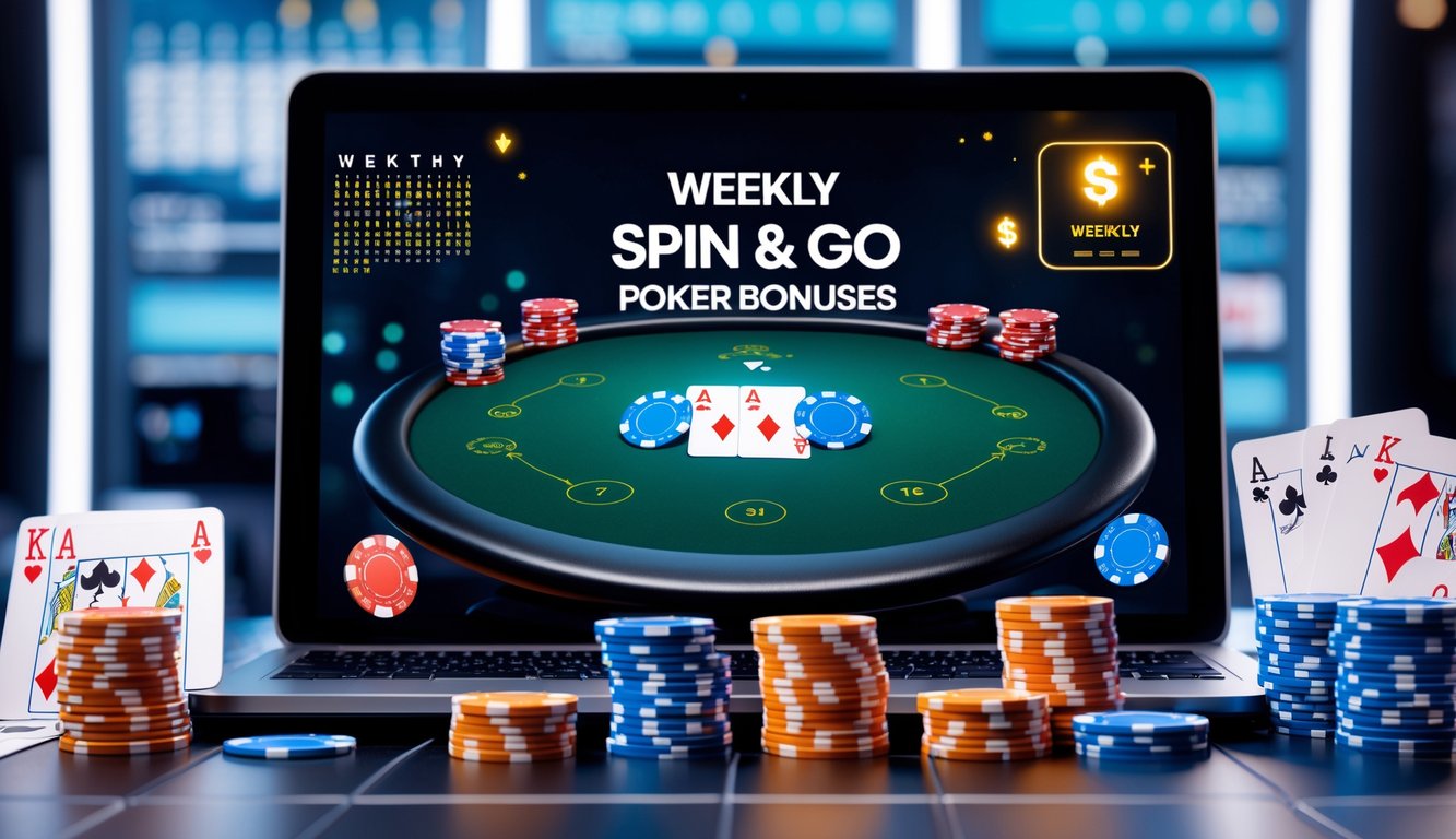 Seorang pemain poker online menggunakan laptop dengan tumpukan chip poker dan kartu bermain di sekitarnya, menampilkan suasana permainan poker yang menarik dan penuh semangat.