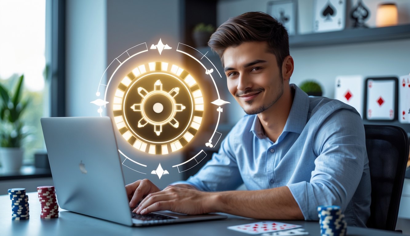 Seorang pria muda duduk di meja dengan laptop, dikelilingi oleh kartu poker dan chip, menunjukkan suasana bermain poker online dengan santai dan percaya diri.