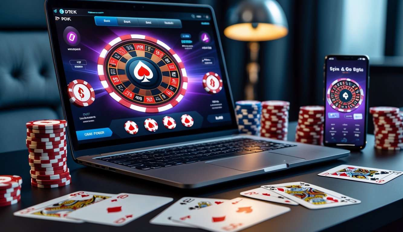 Sebuah laptop modern menampilkan permainan poker online dengan chip dan kartu poker di sekitarnya di ruang kerja yang terang.