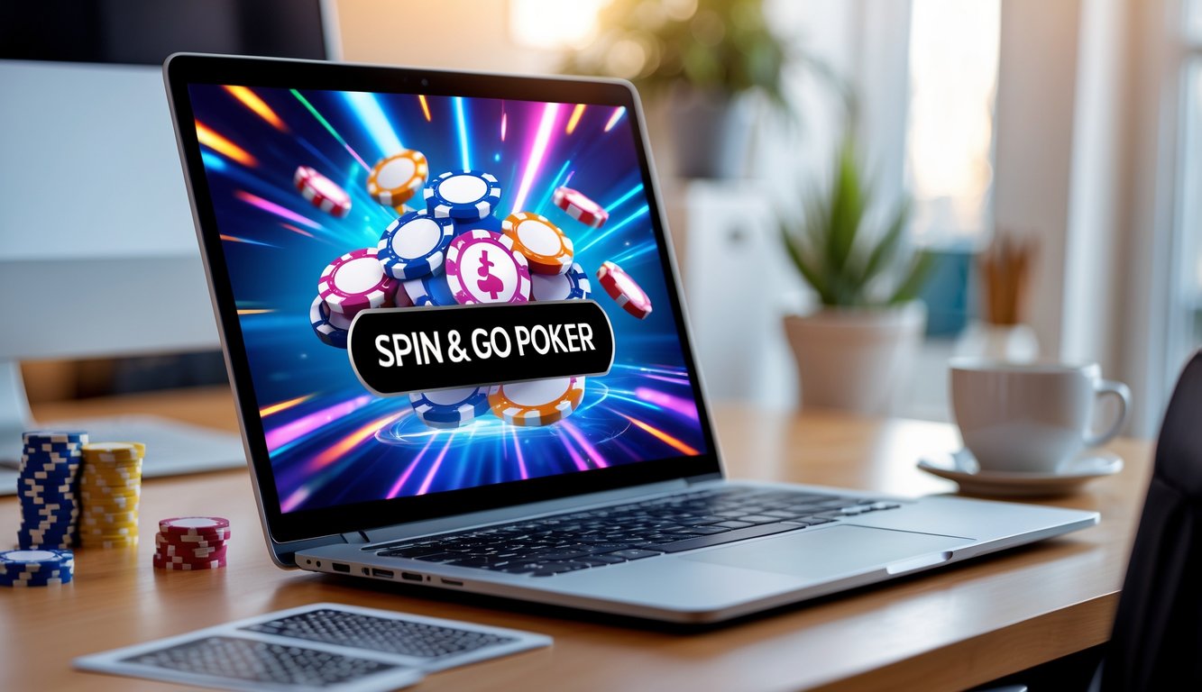 Seseorang bermain poker online di depan komputer dengan layar menampilkan permainan poker Spin & Go, di meja terdapat chip poker dan kartu.