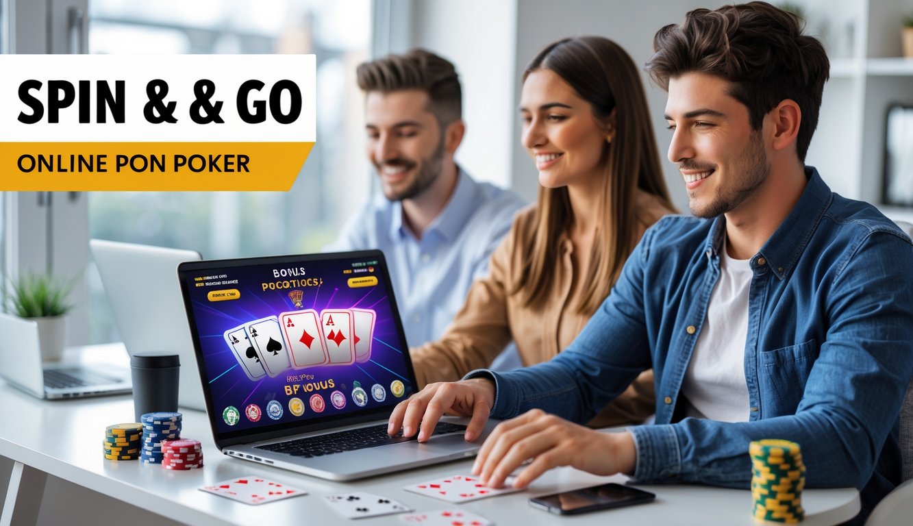 Dua orang muda sedang bermain poker online di depan laptop dengan suasana rumah yang nyaman dan elemen poker seperti chip dan kartu di sekitar mereka.
