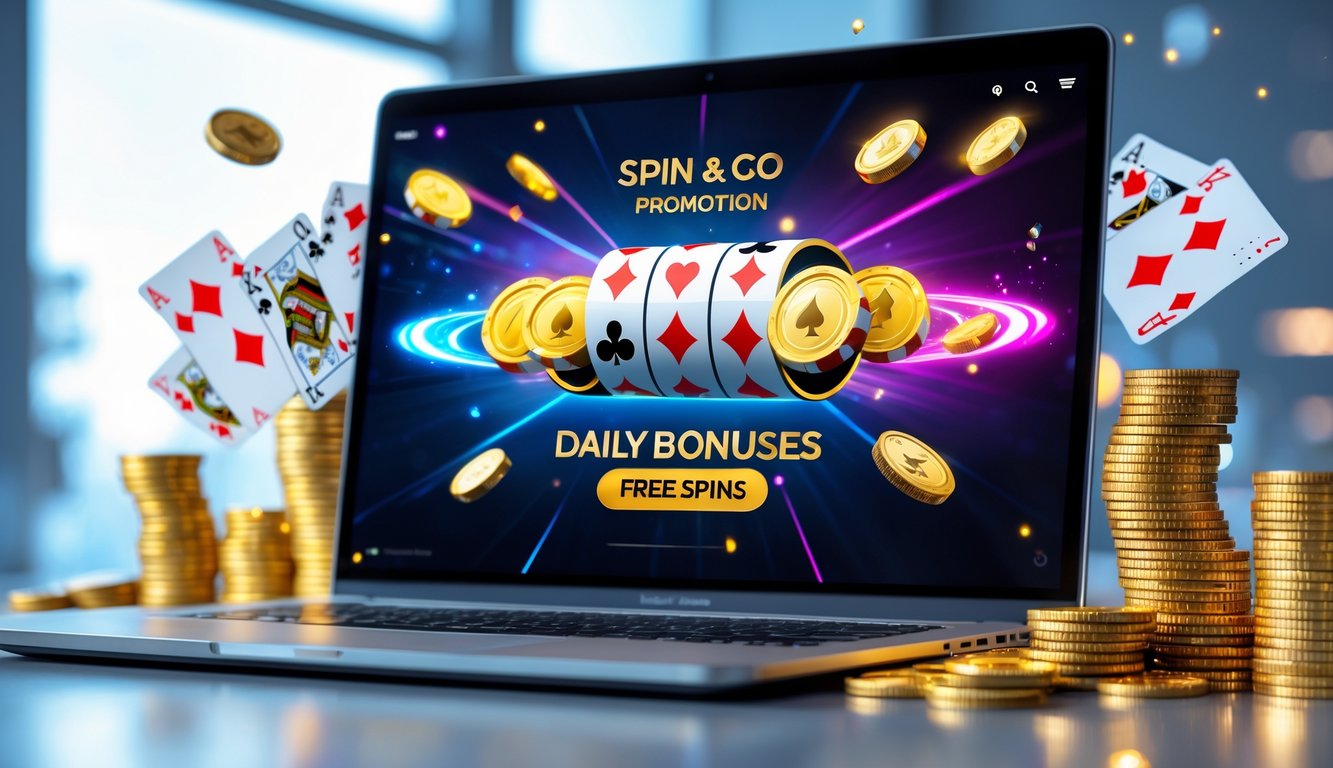 Seorang pemain poker online sedang bermain di komputer dengan tumpukan chip dan kartu poker di sekitarnya.