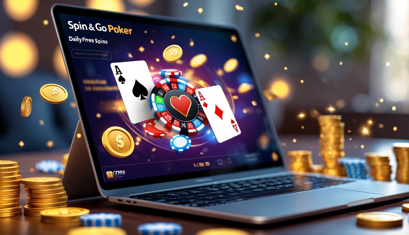 Seseorang bermain poker online dengan laptop yang menampilkan permainan poker Spin & Go dan chip poker berputar di layar.