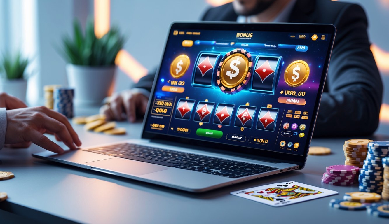 Seseorang bermain poker online dengan laptop dan chip poker di meja, menunjukkan suasana kemenangan dan klaim bonus.