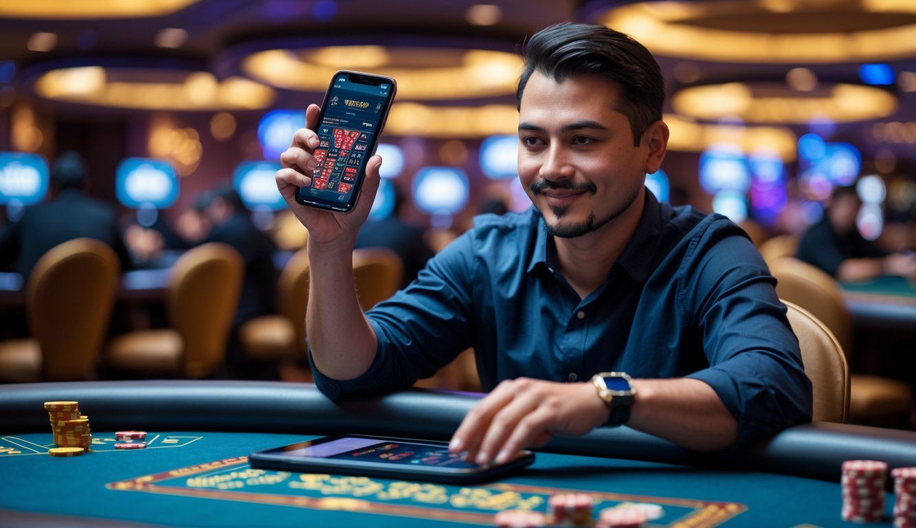 Seorang pria dewasa sedang duduk di meja poker dengan chip dan menggunakan tablet untuk mengklaim bonus di kasino.