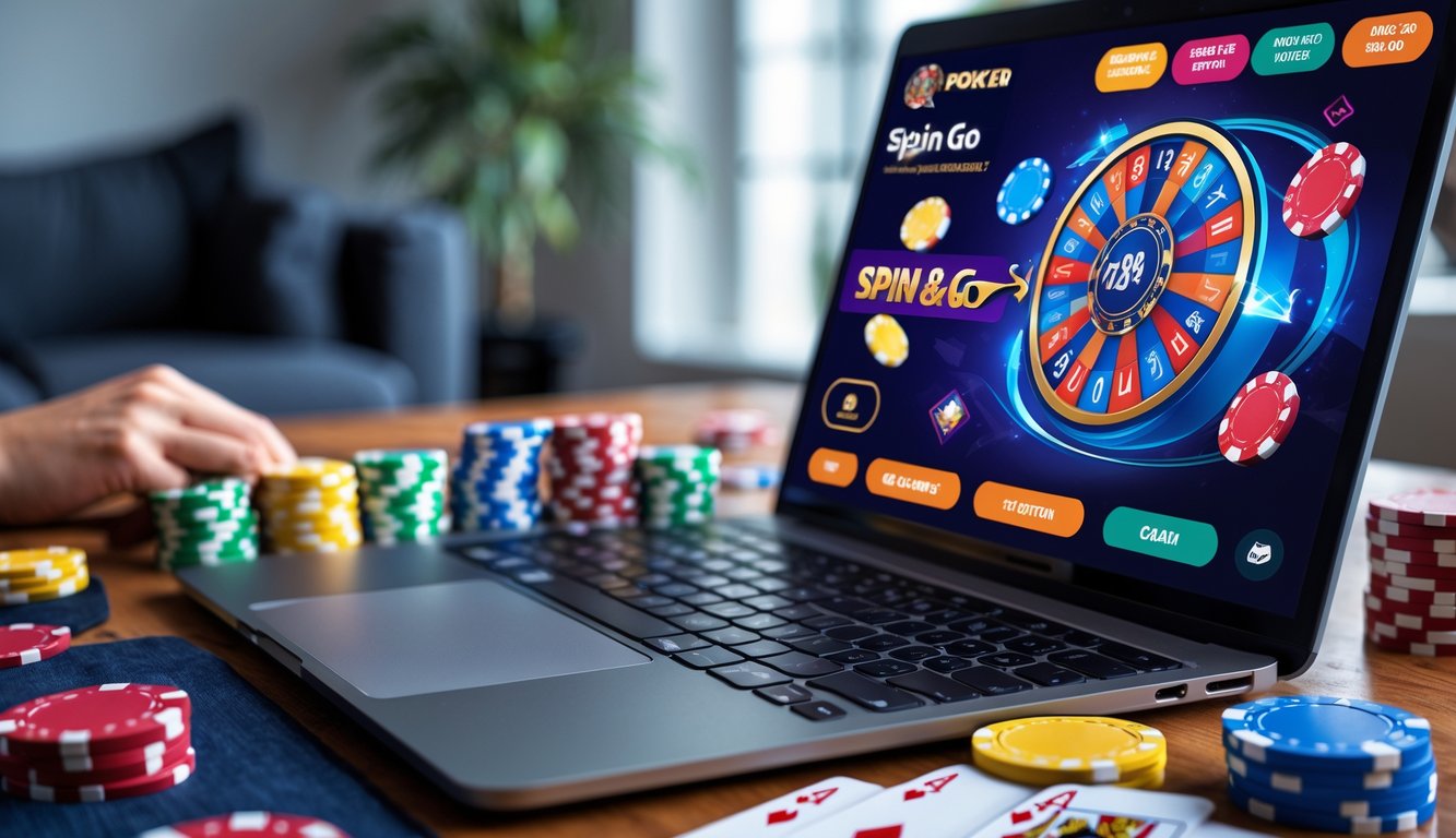 Seorang pemain poker online menggunakan laptop dengan tumpukan chip poker dan kartu di meja, serta ponsel yang menampilkan notifikasi hadiah.