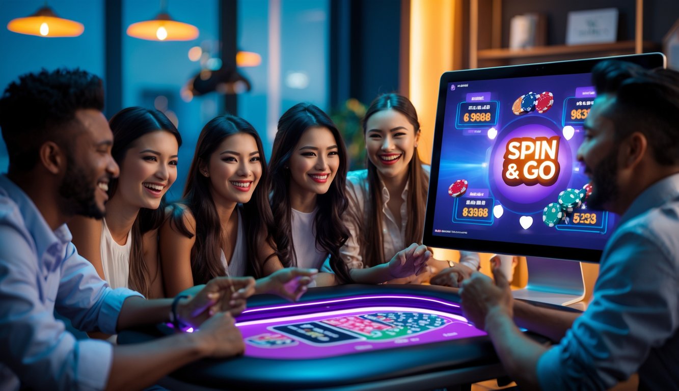Sekelompok orang muda yang ceria sedang bermain poker online di depan layar komputer dengan suasana yang menyenangkan dan penuh antusiasme.
