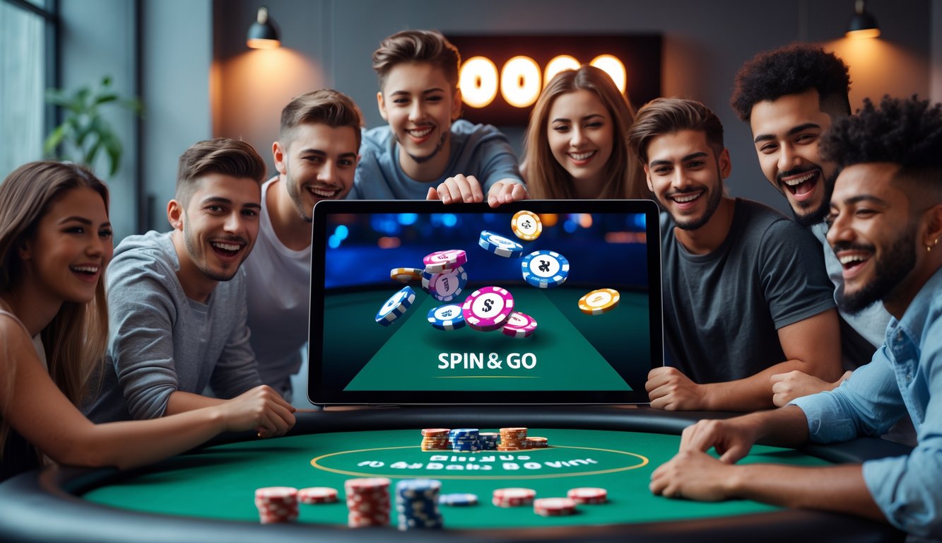 Sekelompok orang muda bermain poker online di depan layar komputer dengan tumpukan chip poker yang berputar, menunjukkan suasana permainan yang seru dan penuh antusiasme.