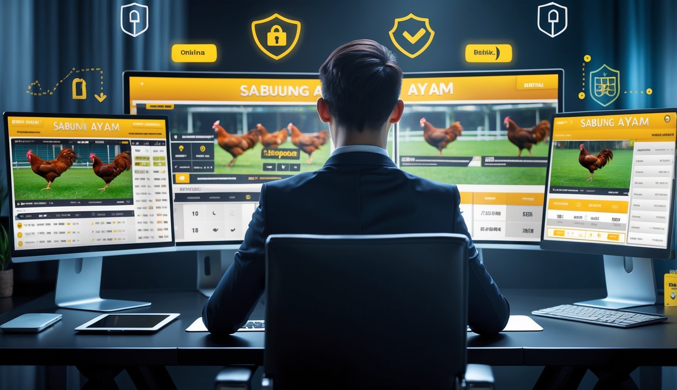 Seorang agen profesional duduk di depan komputer dengan layar yang menampilkan pertandingan sabung ayam secara online.