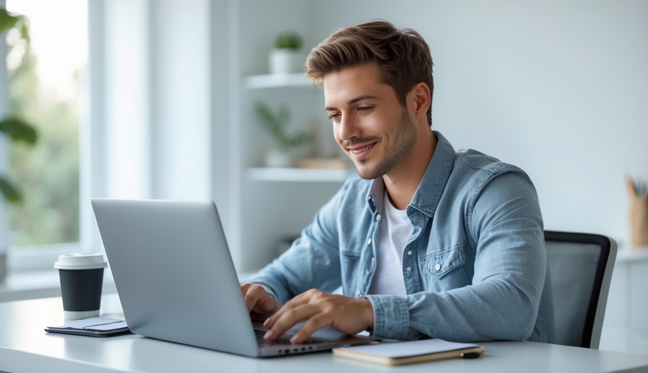 Seorang pria muda duduk di meja kerja menggunakan laptop untuk mendaftar secara online di ruangan yang terang dan rapi.