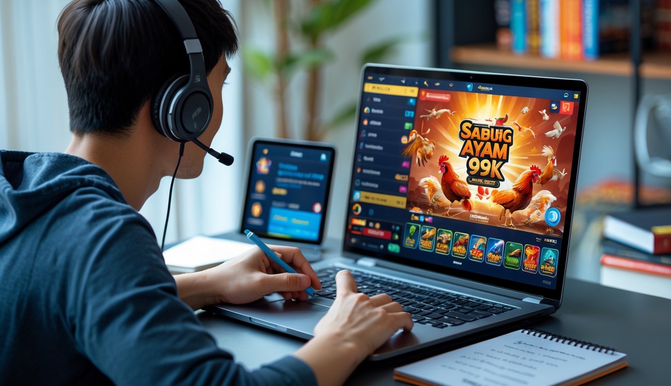 Seorang pemula sedang belajar strategi bermain Sabung Ayam 99k online di depan laptop dengan suasana belajar yang nyaman.