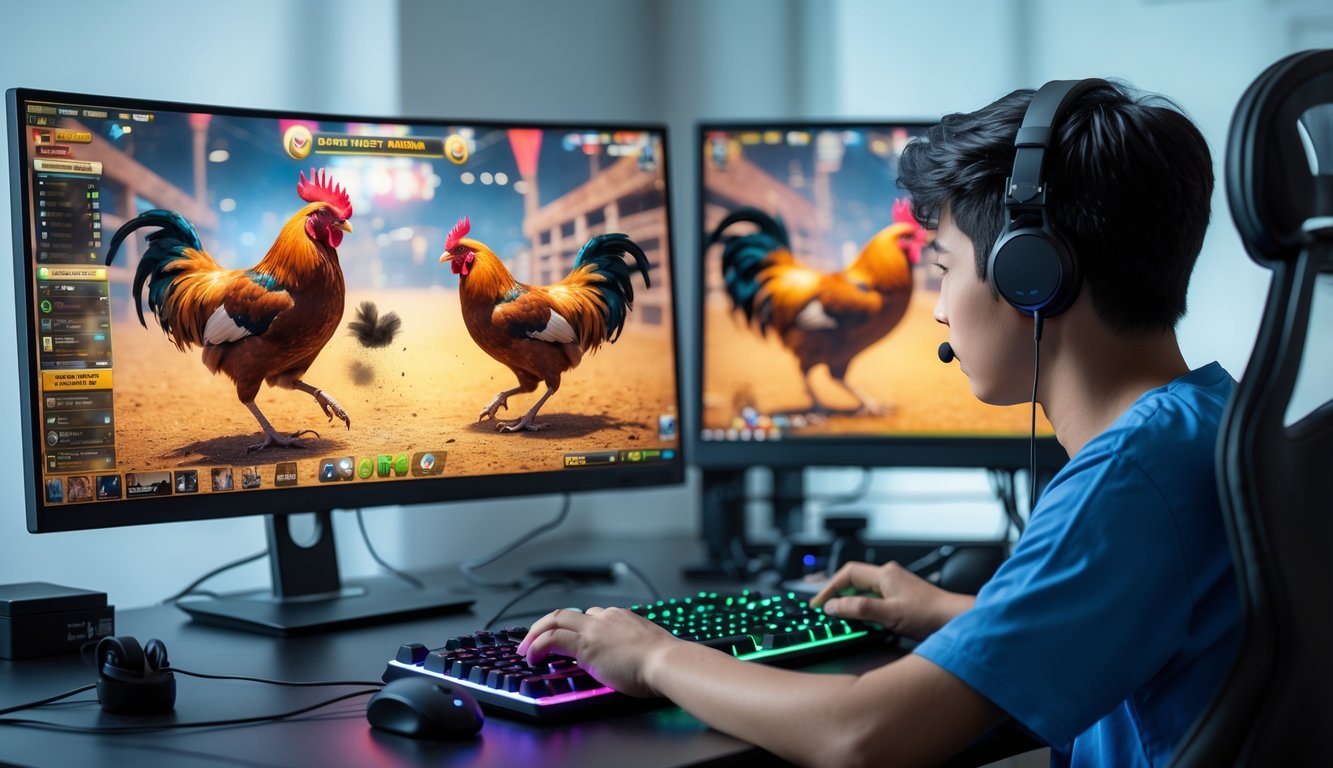 Seorang pria muda sedang fokus bermain permainan sabung ayam online di depan komputer dengan dua ayam aduan sedang bertarung di layar.