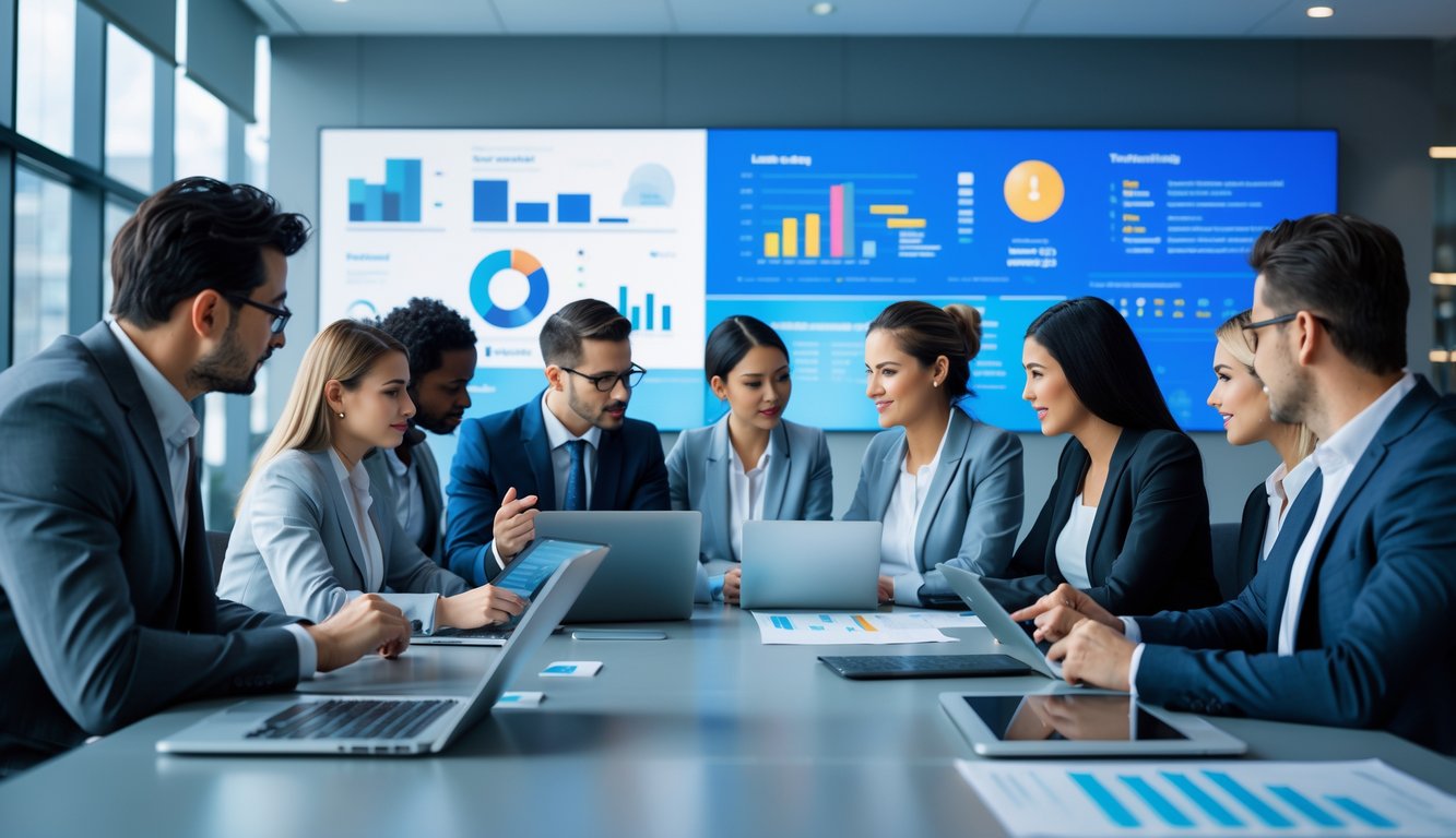 Sekelompok profesional bisnis sedang berdiskusi serius di ruang kantor dengan laptop dan dokumen di atas meja.