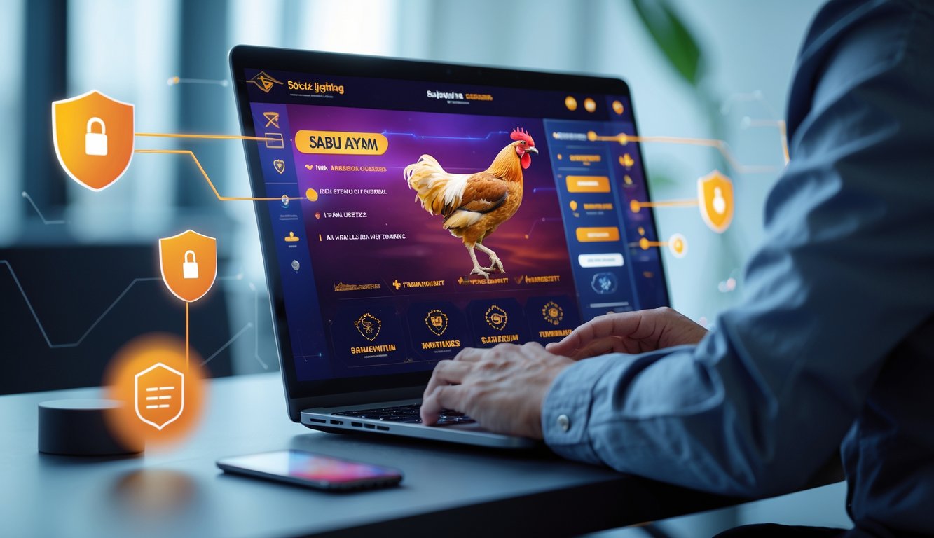 Seseorang menggunakan komputer di meja kerja yang rapi dengan tampilan antarmuka permainan sabung ayam online dan simbol keamanan digital di latar belakang.
