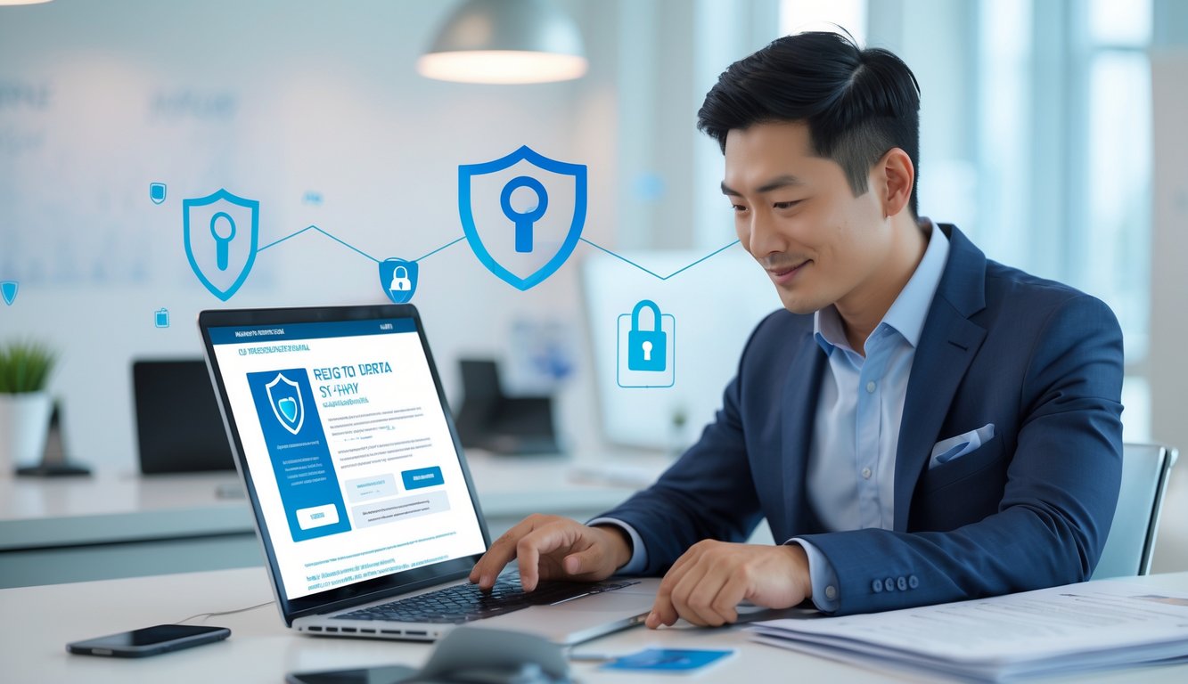 Seorang pria Asia Tenggara duduk di meja kantor modern sambil menggunakan laptop dan meninjau informasi dengan serius.