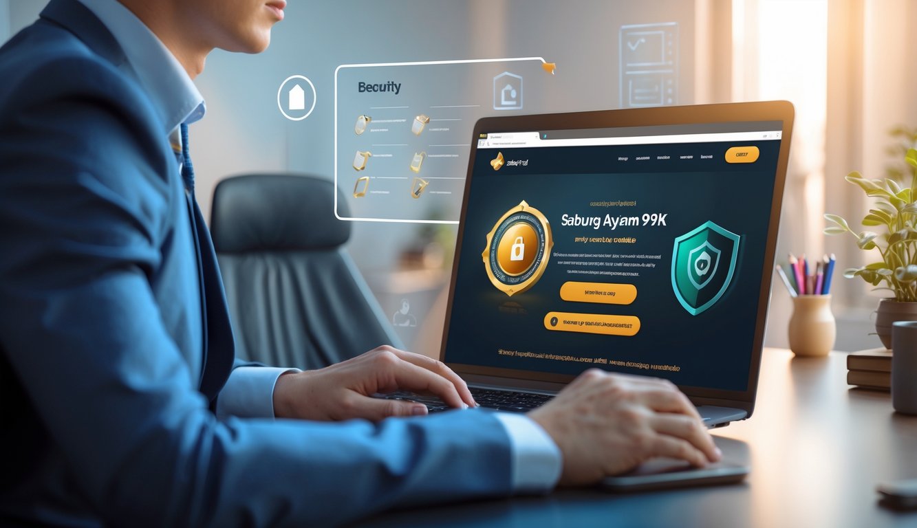 Seorang profesional duduk di depan laptop di ruang kantor yang rapi, menunjukkan suasana aman dan terpercaya untuk memilih agen Sabung Ayam online.