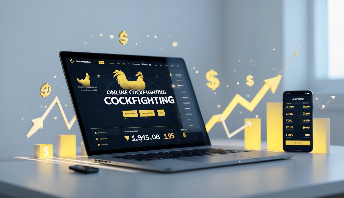 Seorang pria menggunakan laptop di meja kerja dengan tampilan situs taruhan sabung ayam online di layar, dikelilingi ikon transaksi digital dan grafik naik.