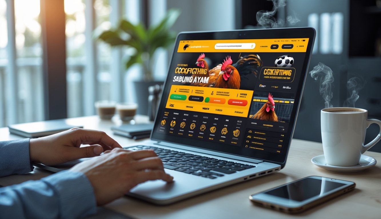 Seseorang menggunakan laptop di meja kerja dengan tampilan situs taruhan online sabung ayam di layar komputer.