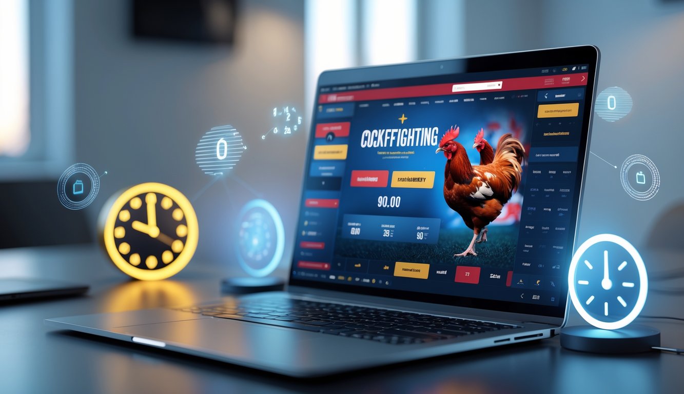 Seseorang menggunakan laptop dengan tampilan situs taruhan sabung ayam online yang aktif dan simbol jam menunjukkan layanan 24 jam nonstop.