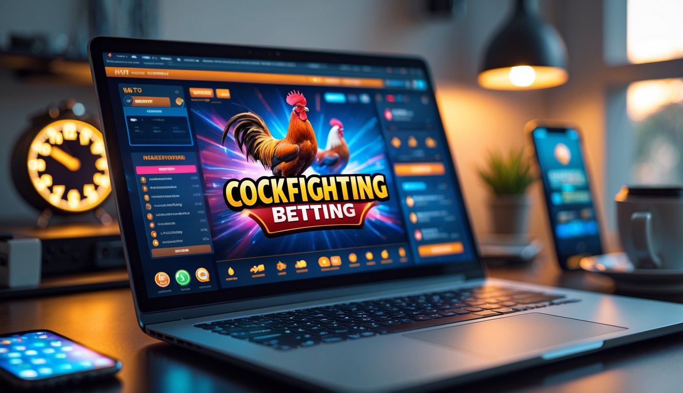 Seorang pria menggunakan laptop di meja kerja dengan layar menampilkan platform taruhan sabung ayam online, dikelilingi oleh jam dan ponsel yang menunjukkan aktivitas nonstop.