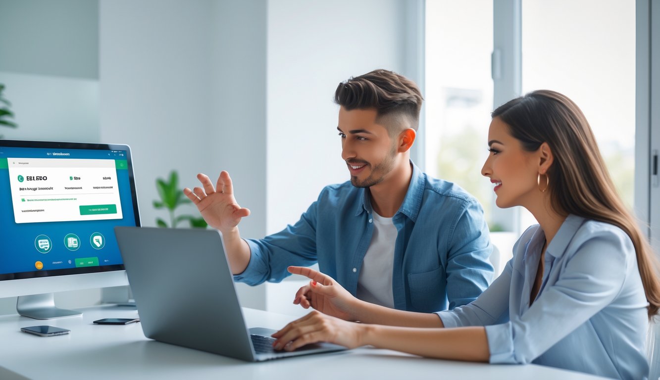 Seorang pria dan wanita sedang menggunakan laptop dan ponsel untuk melakukan transaksi keuangan online di sebuah ruangan terang dan rapi.