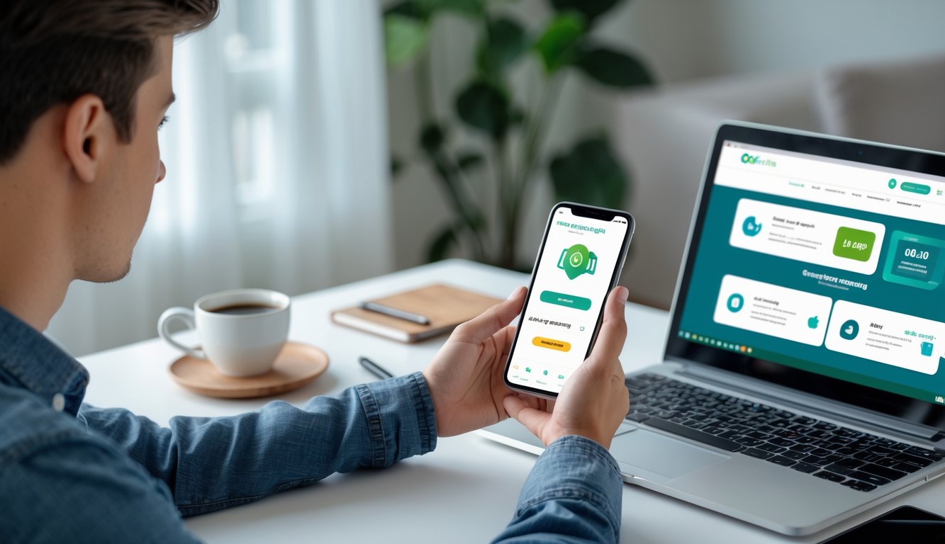 Seseorang menggunakan ponsel dan laptop di meja untuk melakukan transaksi top up dan tarik dana secara online.