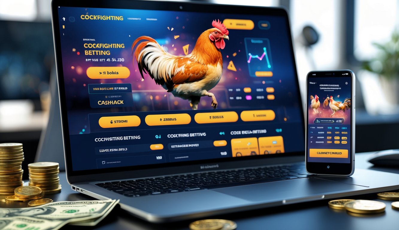 Sebuah meja kerja dengan laptop dan ponsel yang menampilkan aplikasi taruhan sabung ayam online, dengan uang dan ikon cashback di sekitar perangkat.