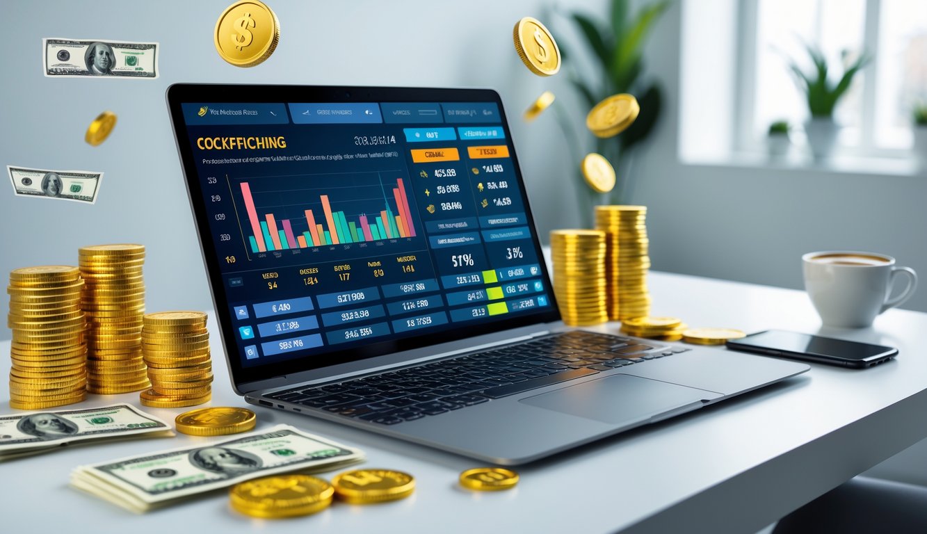 Seorang pria menggunakan laptop dengan tampilan antarmuka taruhan online sabung ayam, dikelilingi oleh koin emas dan uang tunai di meja kerja yang bersih.