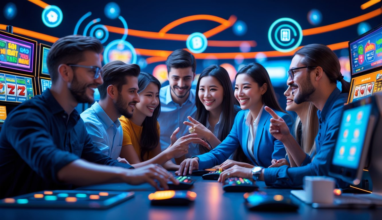 Sekelompok orang yang antusias bermain game slot online di perangkat modern dalam suasana cerah dan energik.