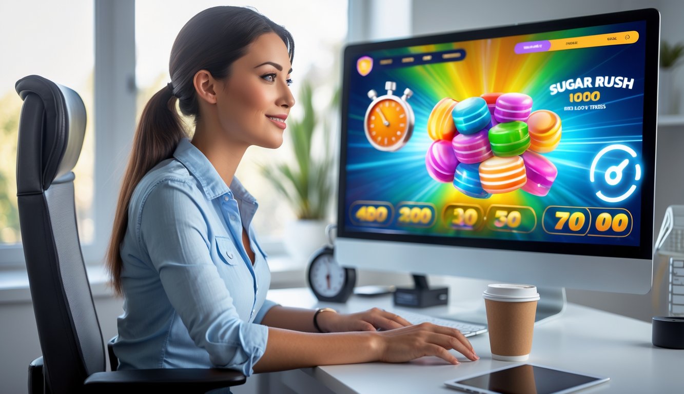 Seorang wanita muda duduk di meja modern dengan komputer yang menampilkan permainan online bertema gula-gula, di ruang kerja terang dan rapi.