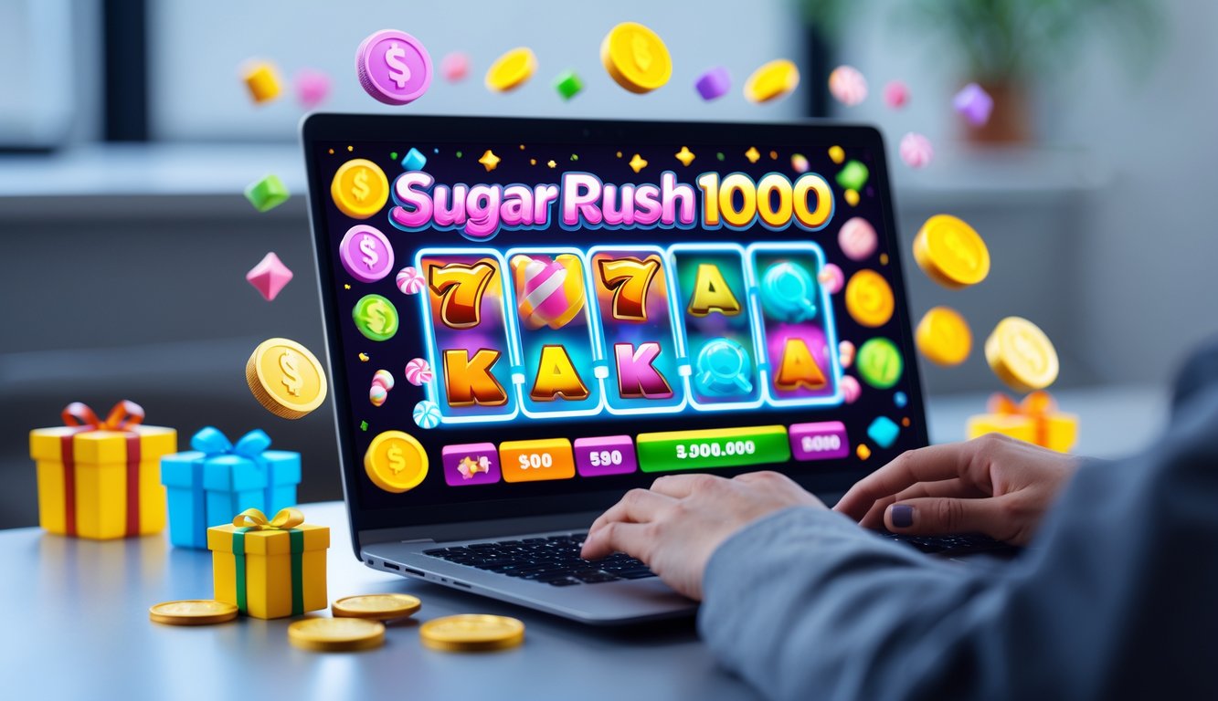 Seorang pemain menggunakan komputer untuk bermain game Sugar Rush 1000 online dengan tampilan grafis permainan yang cerah dan tema permen.