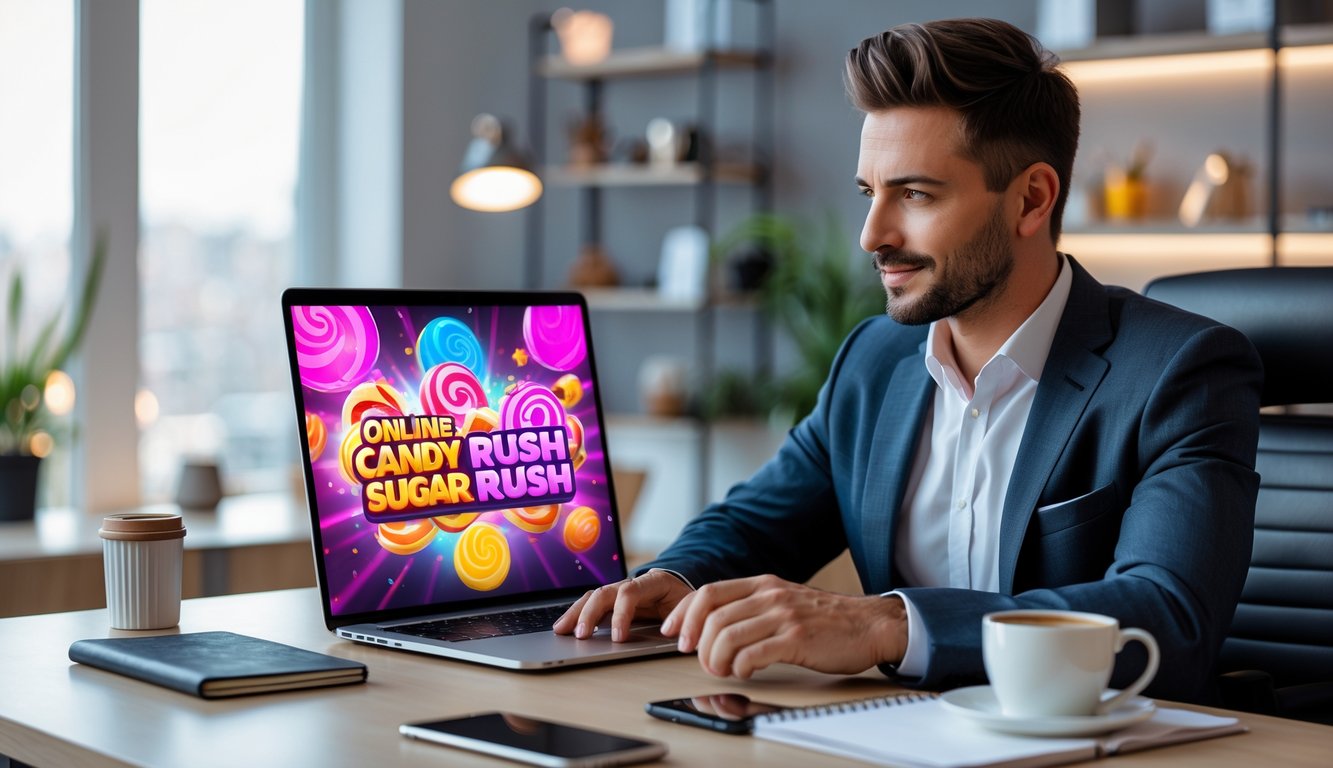 Seorang pria duduk di meja kerja dengan laptop yang menampilkan permainan slot online bertema gula-gula, di ruang kantor yang terang dan rapi.